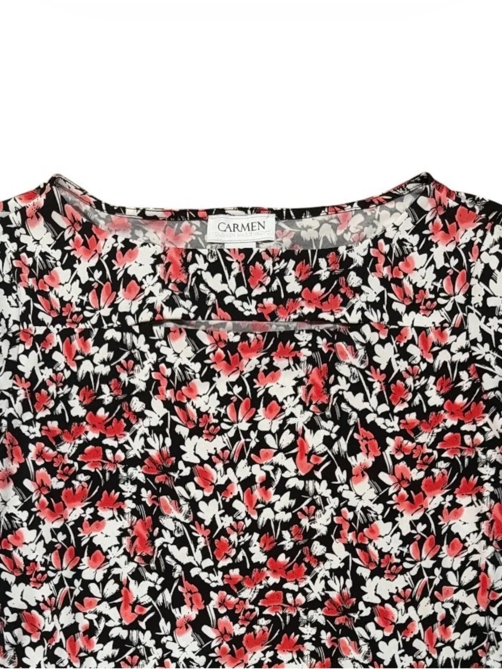 Carmen Marc Valvo Floral Stretch Top Medium 3/4 Sleeve Keyhole Neck - Picture 2 of 5